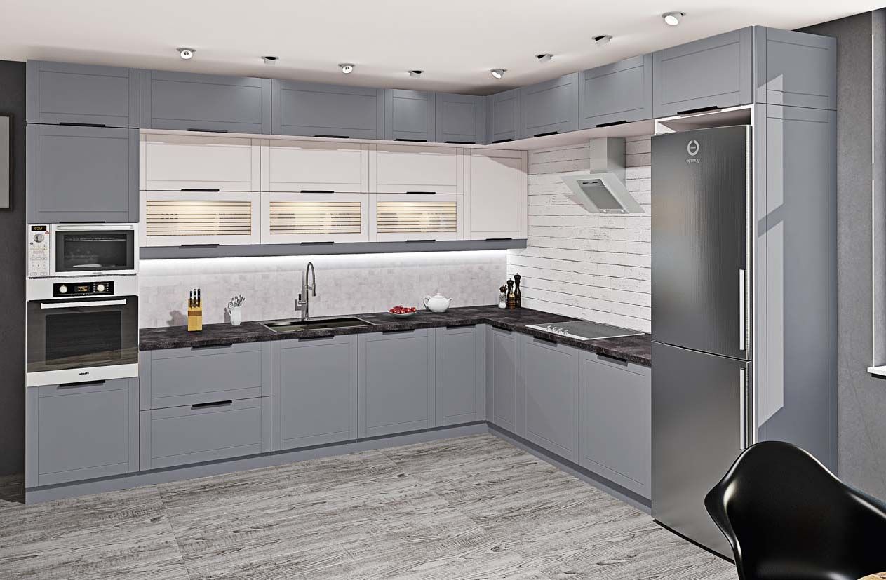 Кухня "Рамка" 3600х2800мм кутова фарбований МДФ Білий, Титан - фото, ціна, купити,  