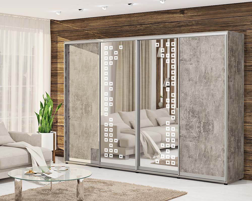 Шафа купе 4 м "ДСП" з дзеркалом чотирьохдверна бетон - фото, ціна, купити,  