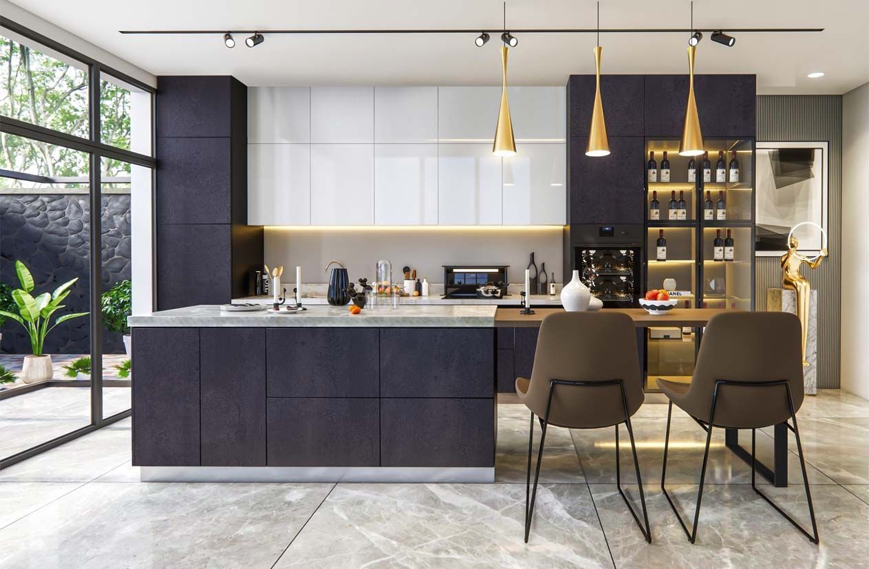 Кухня "Еко" 4,5м з кухонним островом Білий, Вугільний камінь - фото, ціна, купити,  