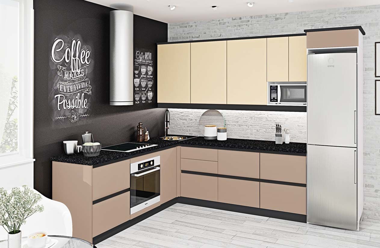 Кухня "Gola ручка" 3х2.2м з фасадами "Хай-тек" Капучино, Крем - фото, ціна, купити,  