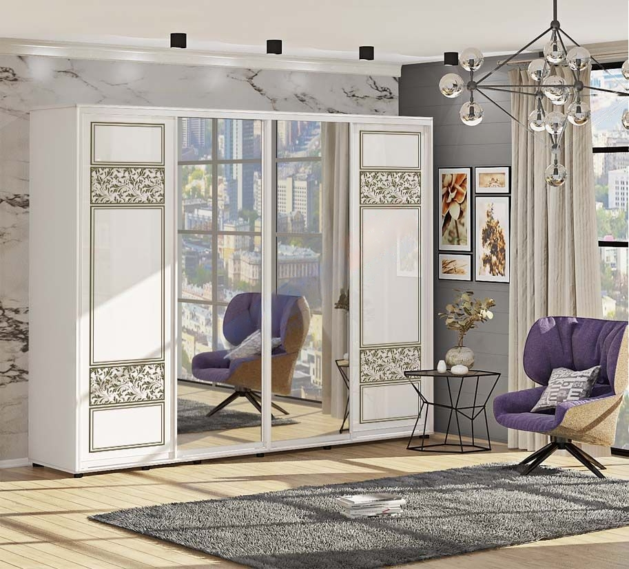 Шафа-купе 3,4 м "Валенсія" глянець з дзеркалом 4 дверна біла - фото, ціна, купити,  