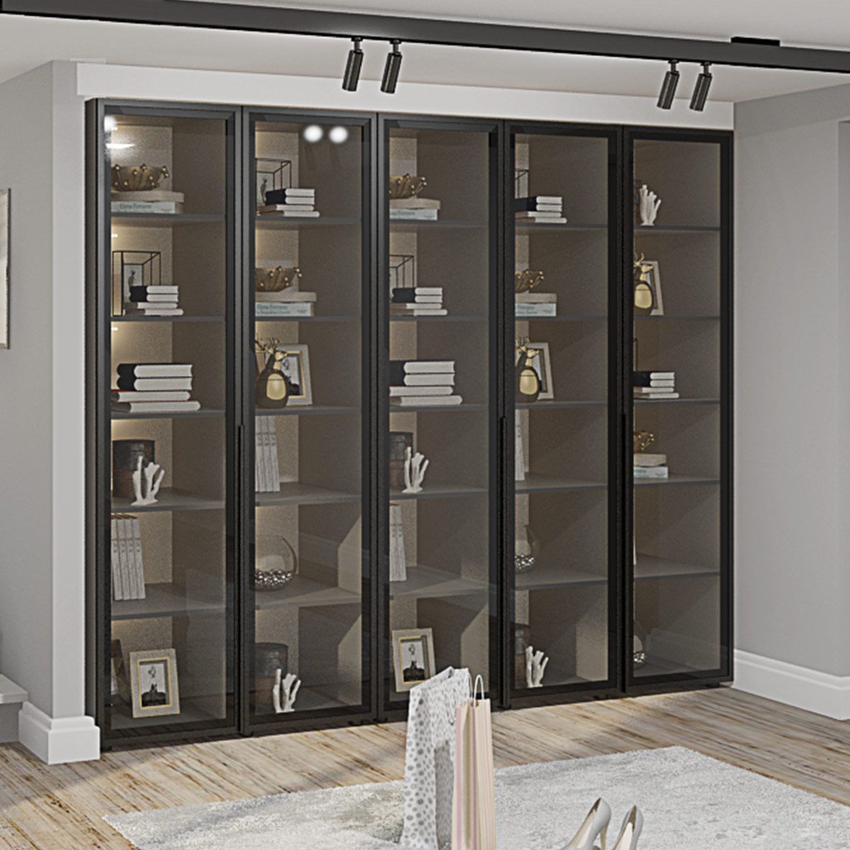 Книжкова шафа зі склом Флекс 250 см п'ятидверна - фото, ціна, купити,  